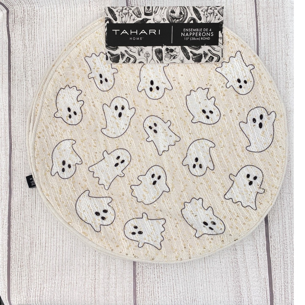 Tahari Home Placemats (4) Cream Ghost Gold Sequin Round Halloween Spooky Glitter